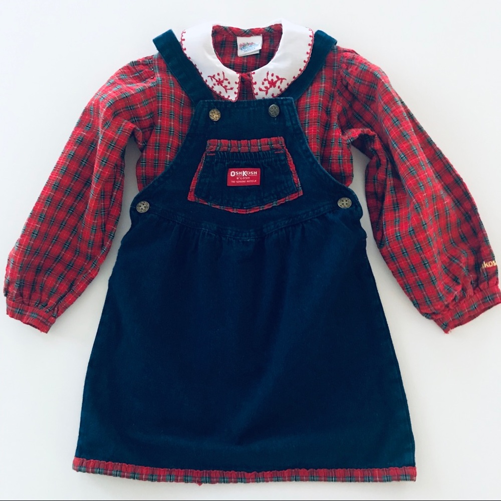 Oshkosh Vintage USA Girls 5 Holiday Red Plaid Top Denim Jumper Dress Set Outfit